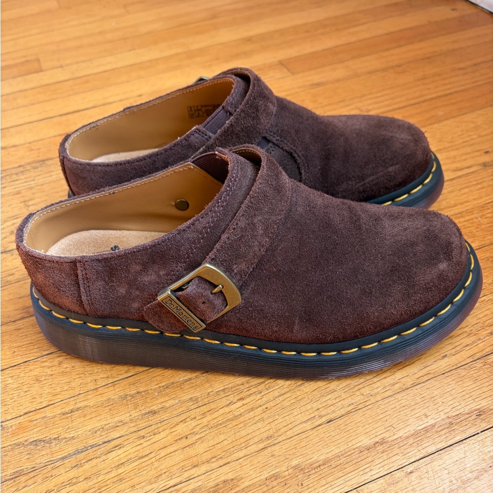 Dr. Martens Brown Suede Clog Mule with Yellow Stitching